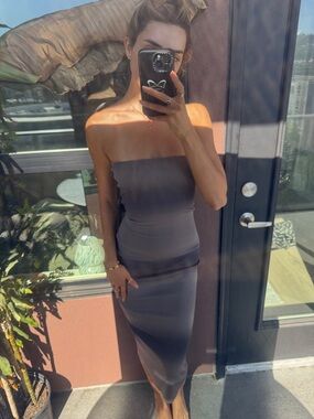 Strapless Midi Bodycon Dress in Charcoal Gray
